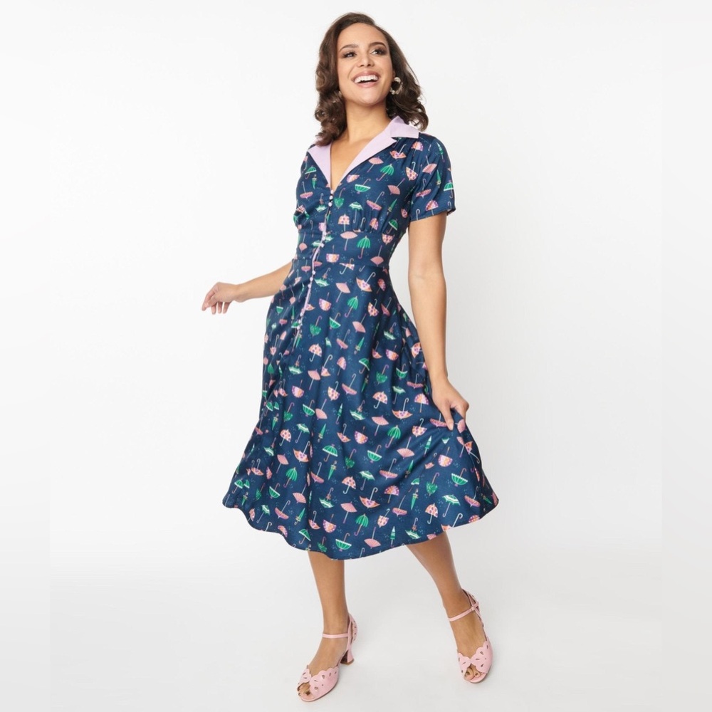 Unique Vintage Retro Umbrella print swing dress 2X/US18